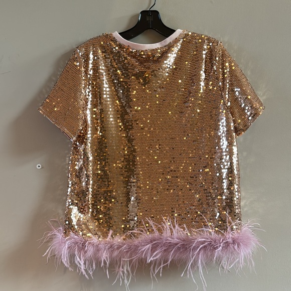 Fabulous Rose Gold Sequin and Pink Feather Top Size L - Picture 4 of 7